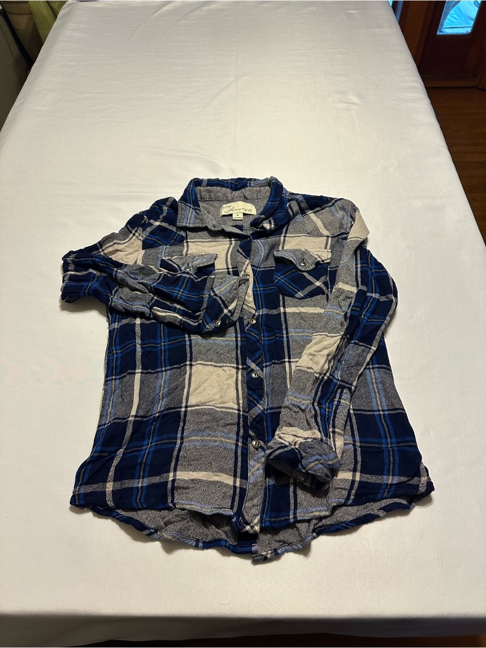 Vintage Havana  Navy Blue & Gray Plaid Button- high low shirt size medium